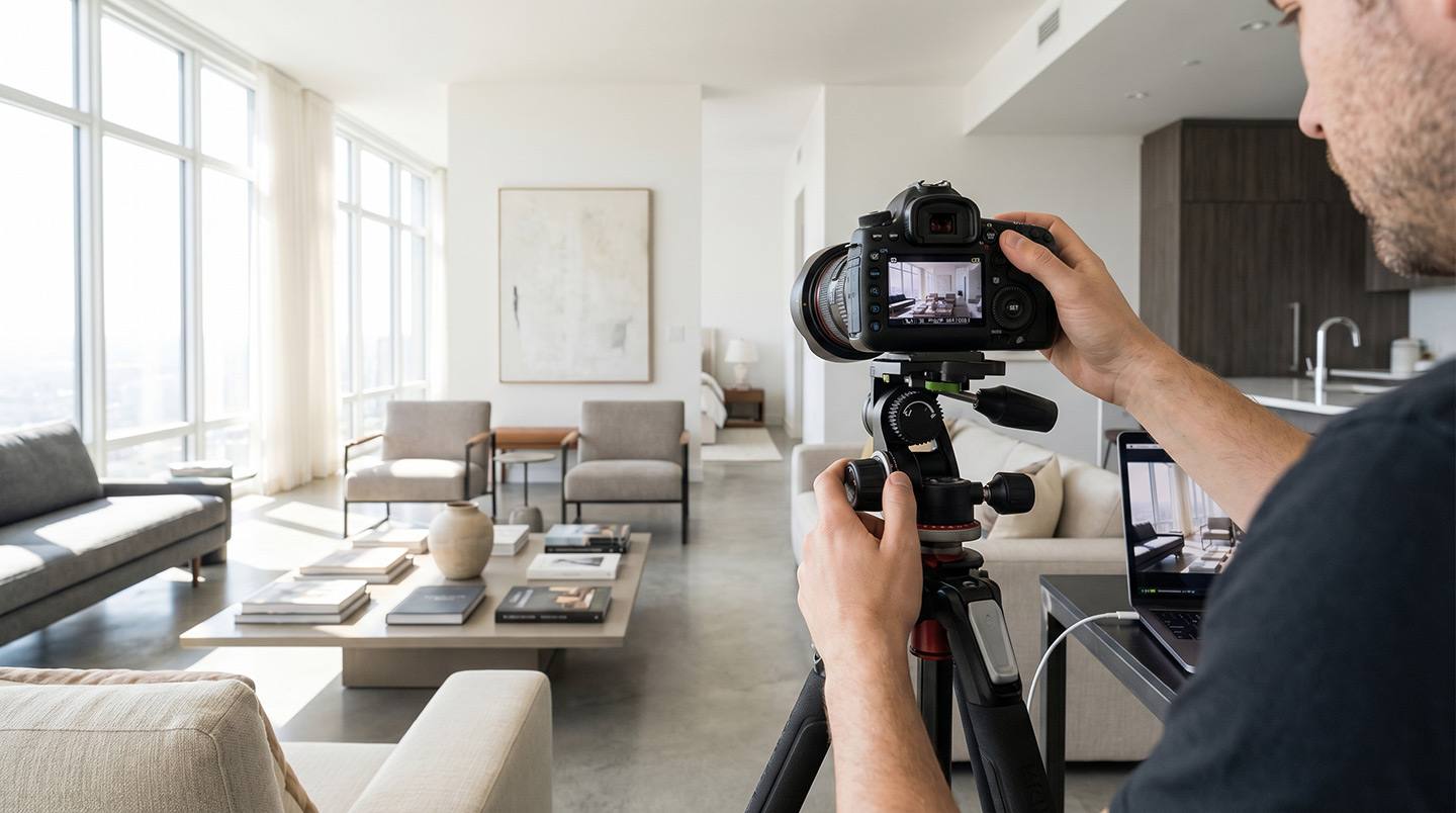 real estate photographer shooting modern apartment interior with professional camera setup