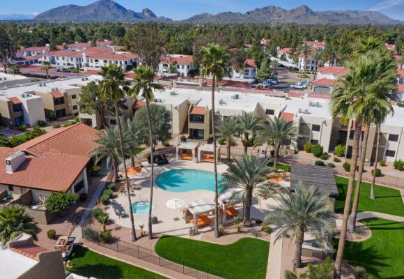 Drone Apartment Resort Style Pool Palm Trees Drone Apartment Resort Style Pool Palm Trees