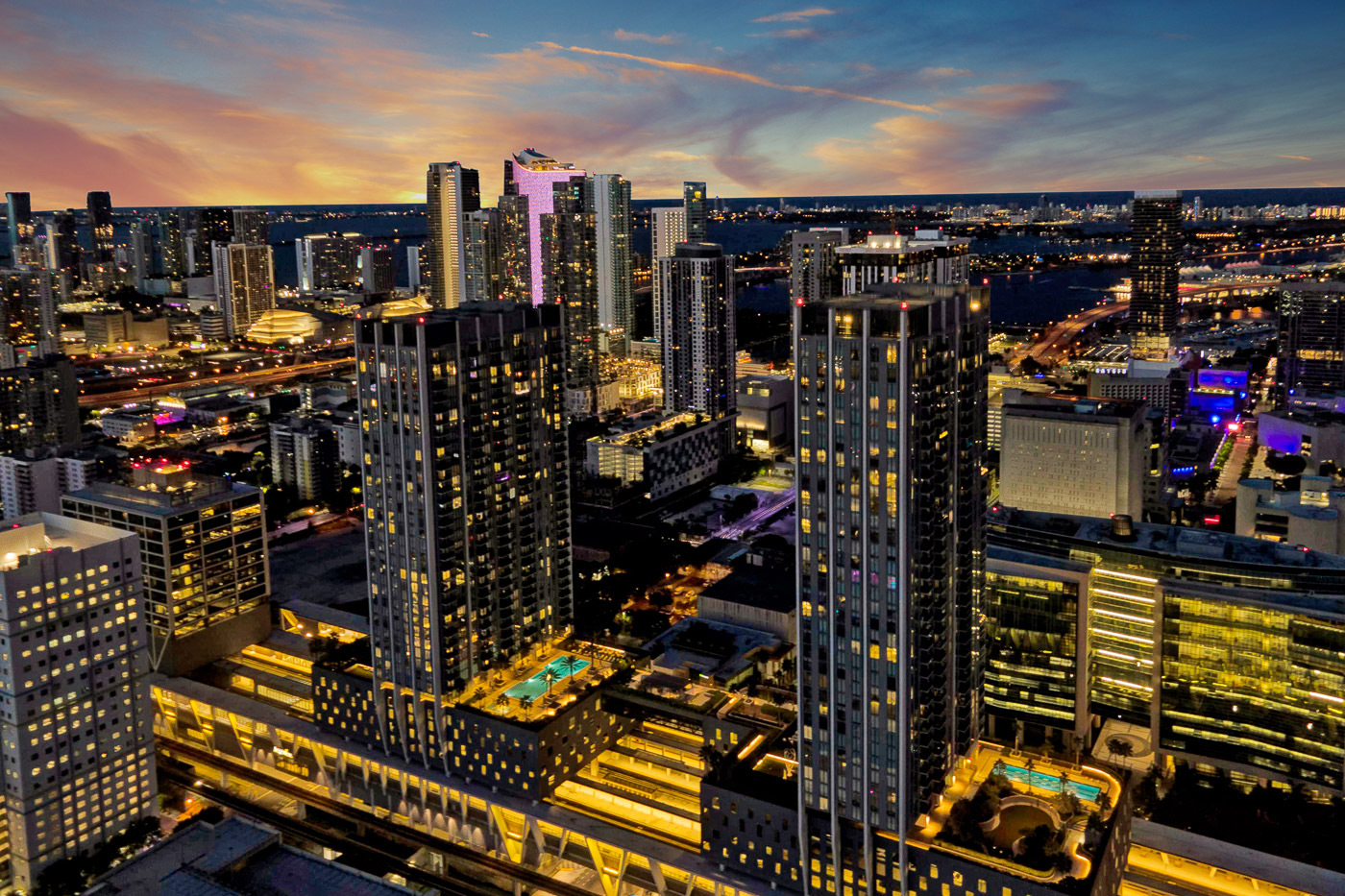 Drone photography of city skyline at night with aerial view