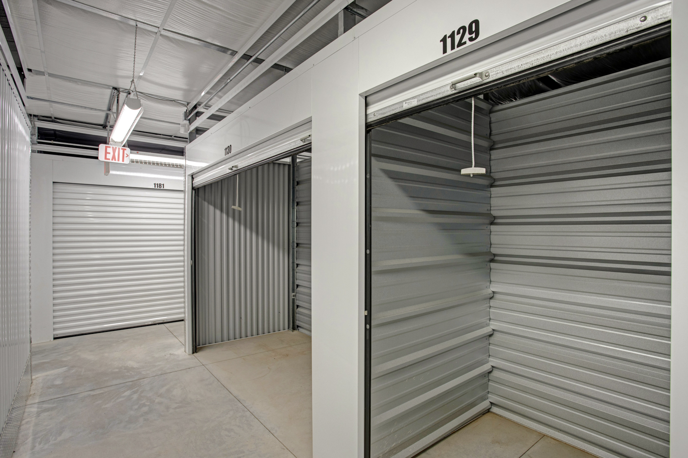 Self storage hallway and unit interior photography